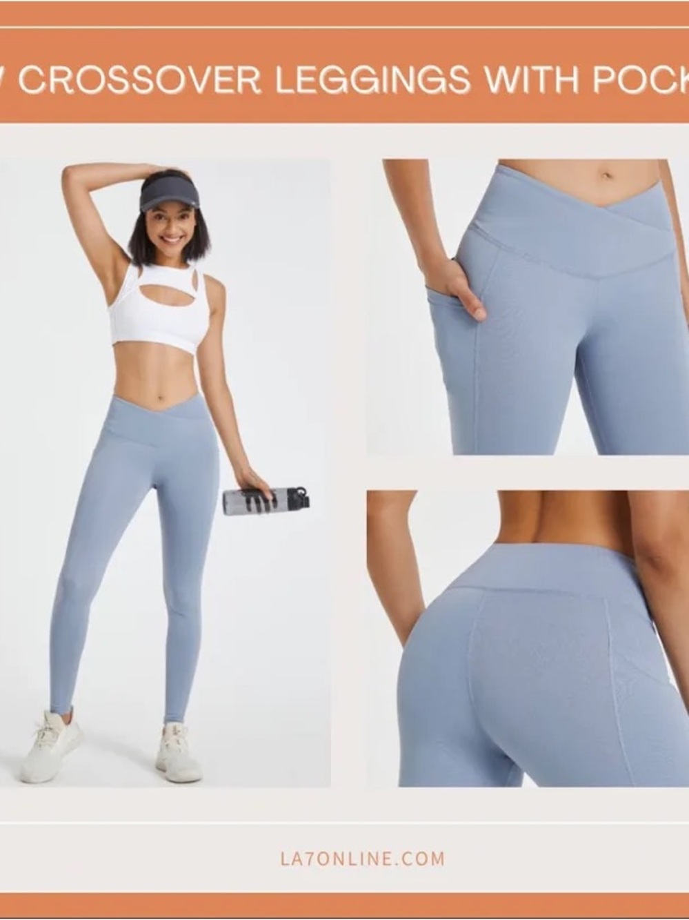Crossover High-Waist Leggings in Light Blue with Side Pockets
